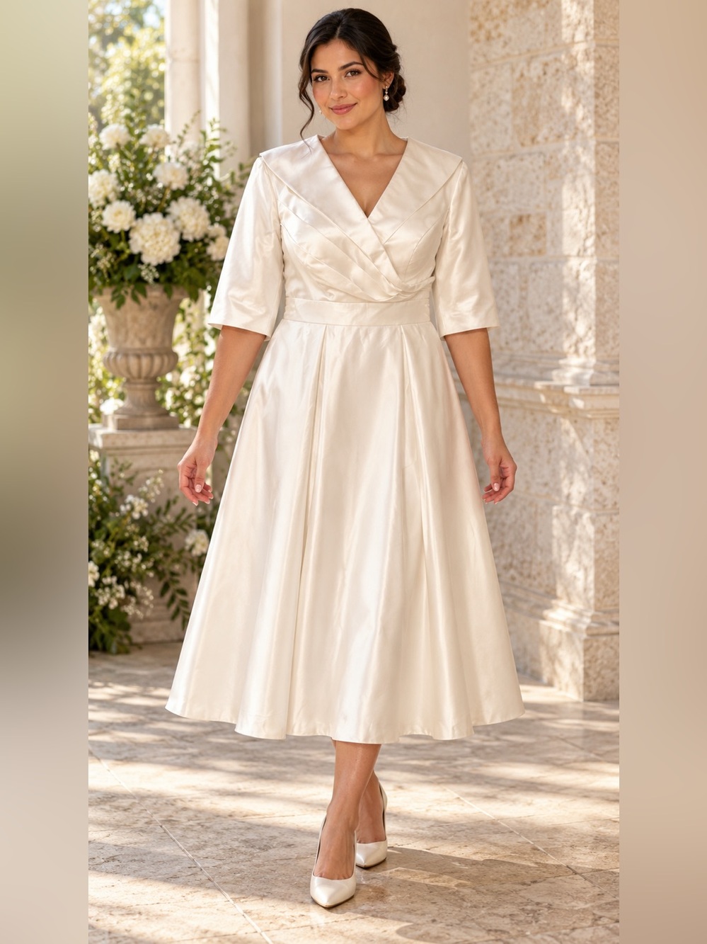 Ivory Satin Tea Length Wedding Dress Shawl Collar Pleated A-Line NWOT